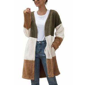 Anna-Kaci Long Green Brown And White Colorblock Teddy Cardigan